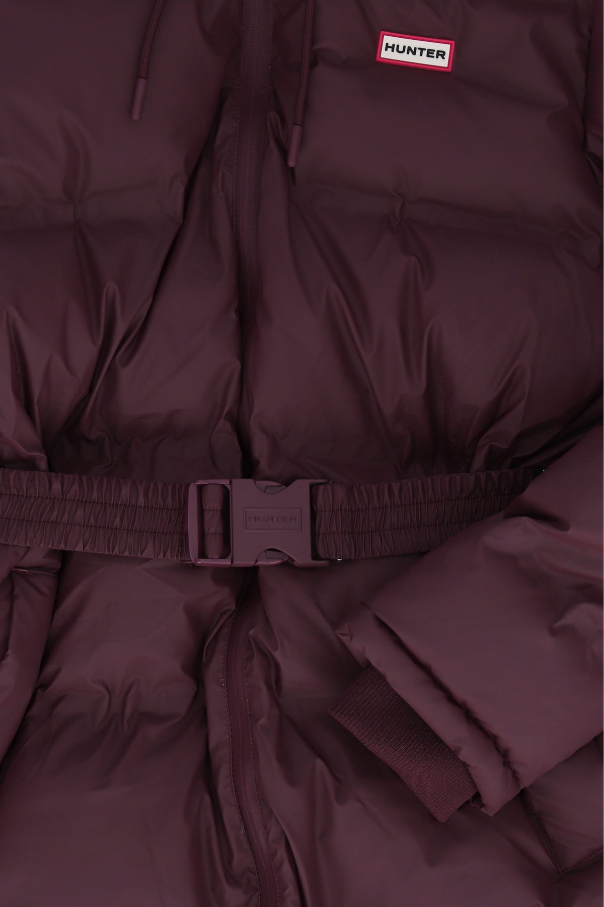 Hunter Hutchison Womens PU Coated Long Puffer Jacket in Port Royale, belt detail