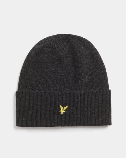 Lyle & Scott Lambswool Blend Ribbed Beanie - W155 Jet Black Marl