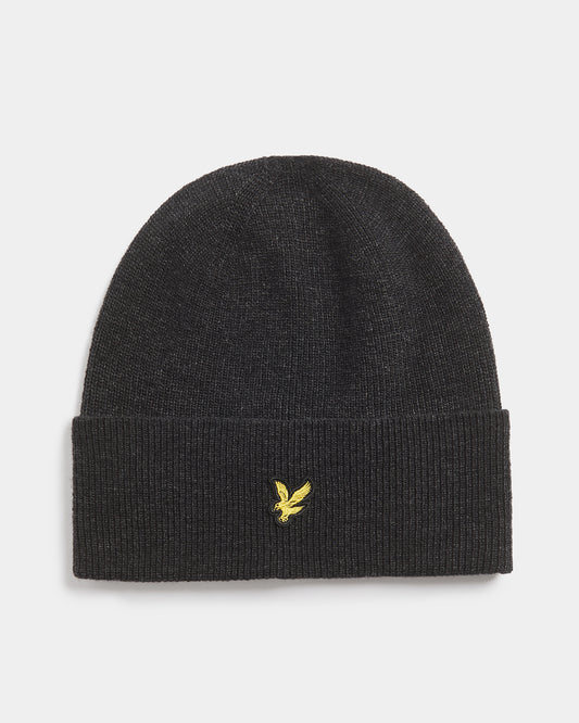Lyle & Scott Lambswool Blend Ribbed Beanie - W155 Jet Black Marl