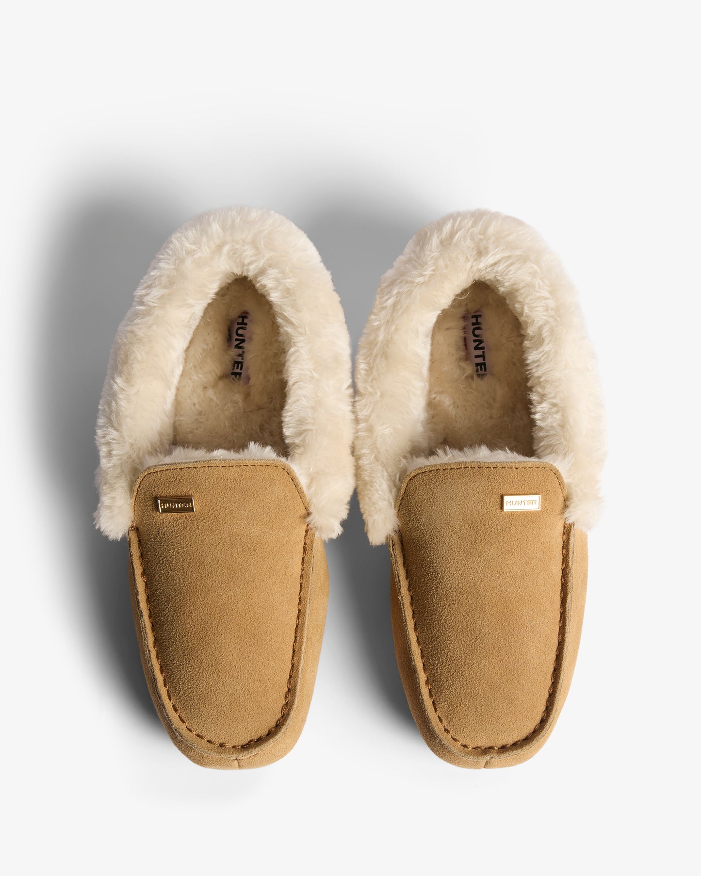 Hunter Womens Sherpa Collar Moccasin Slippers - Natural, pair from above
