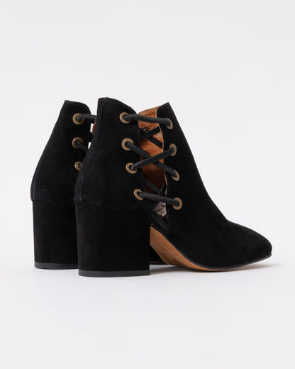 Black suede ankle boots with block heels on a white background