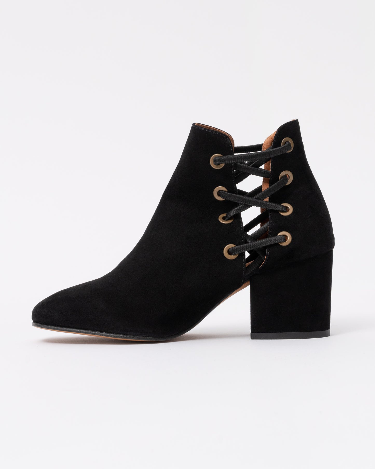 Black suede ankle boot with block heel on a white background