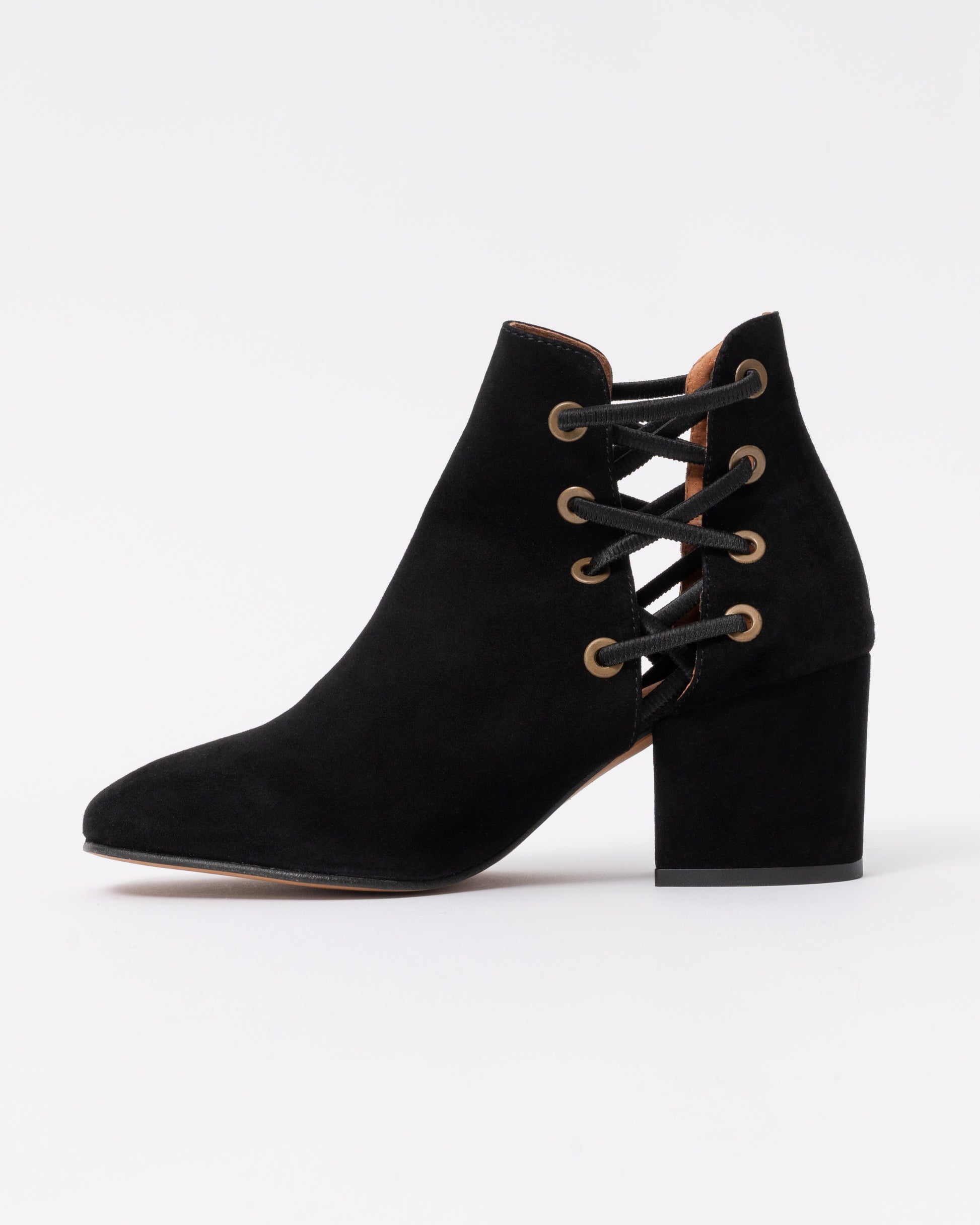 Black suede ankle boot with block heel on a white background
