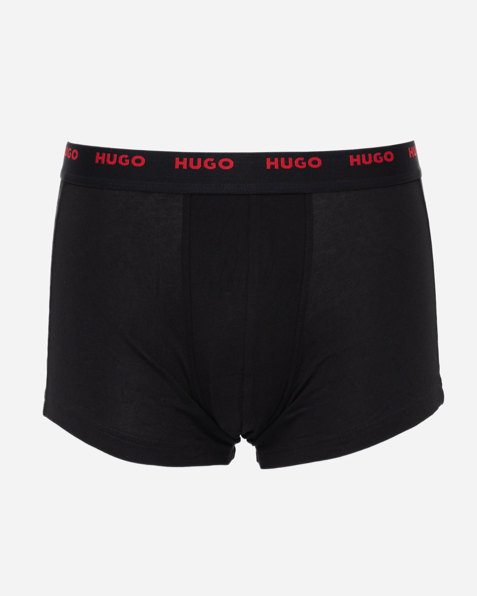studio shot of HUGO 5-Pack Mens Stretch-Cotton Trunks with Logo Waistbands in black and red