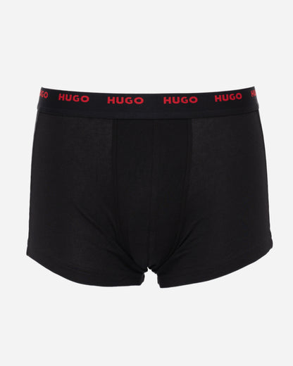 studio shot of HUGO 5-Pack Mens Stretch-Cotton Trunks with Logo Waistbands in black and red