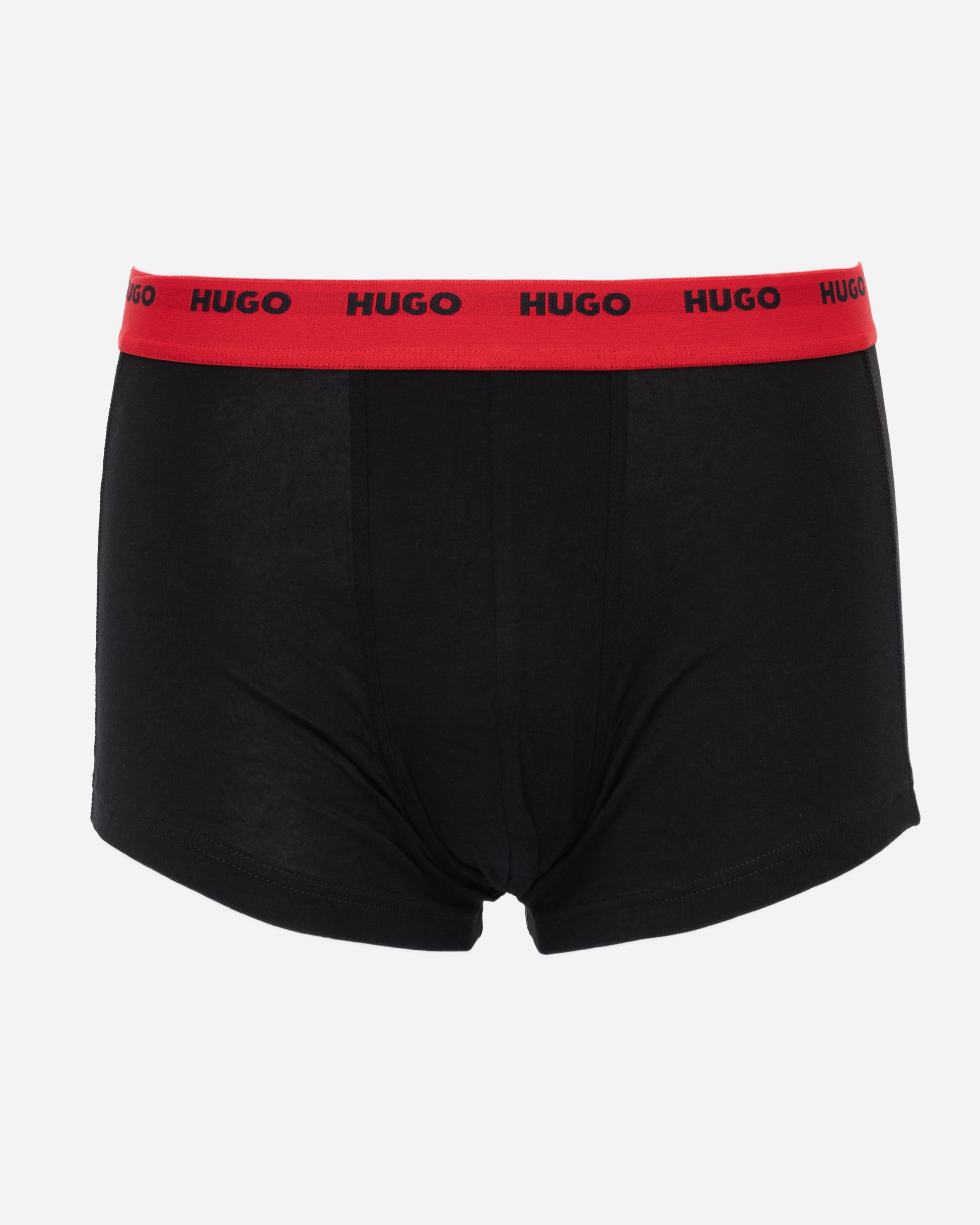 studio shot of HUGO 5-Pack Mens Stretch-Cotton Trunks with Logo Waistbands in red and black