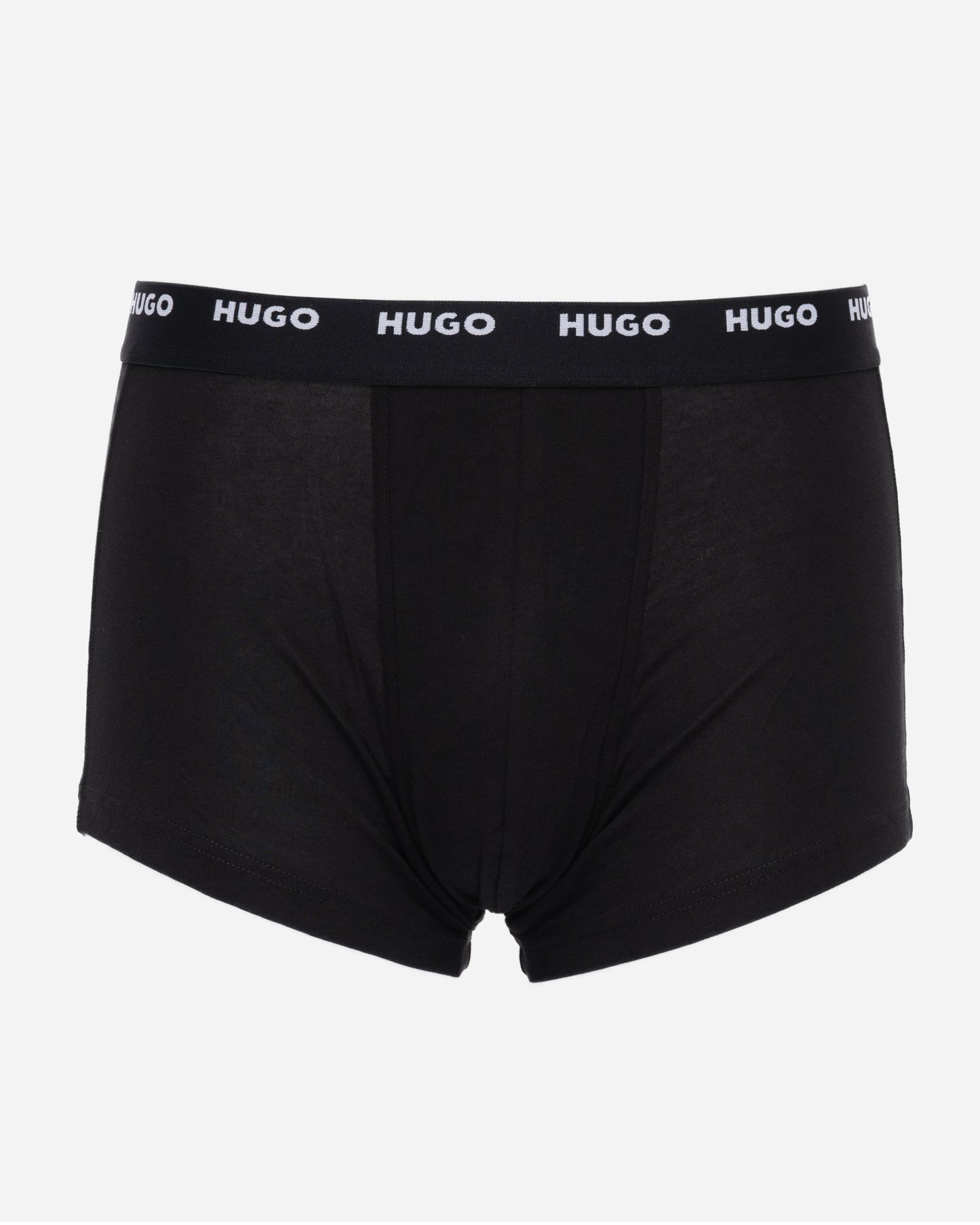 studio shot of HUGO 5-Pack Mens Stretch-Cotton Trunks with Logo Waistbands in black and white