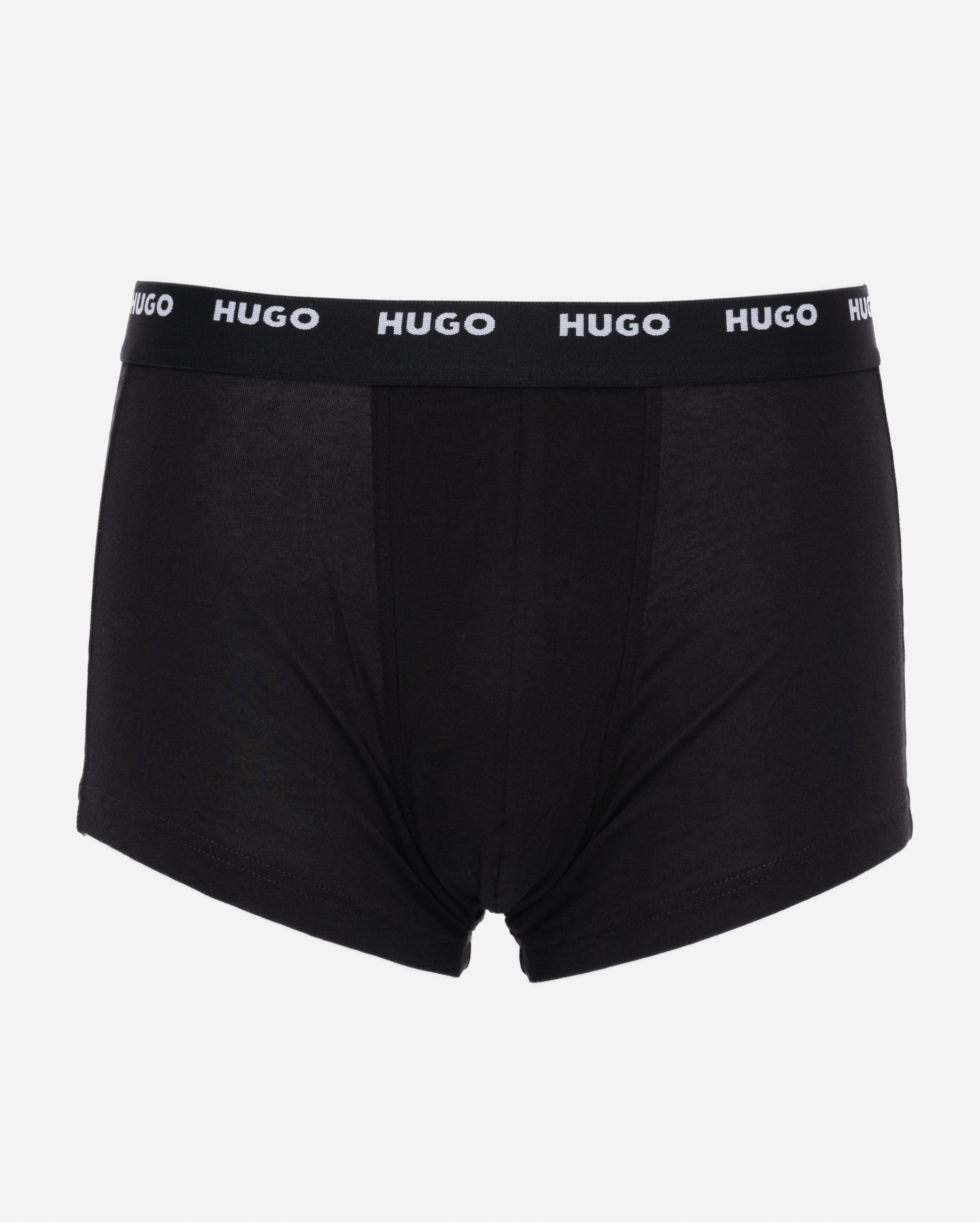 studio shot of HUGO 5-Pack Mens Stretch-Cotton Trunks with Logo Waistbands in black and white