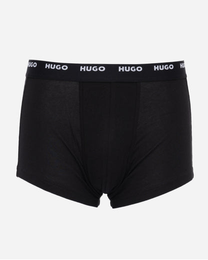 studio shot of HUGO 5-Pack Mens Stretch-Cotton Trunks with Logo Waistbands in black and white