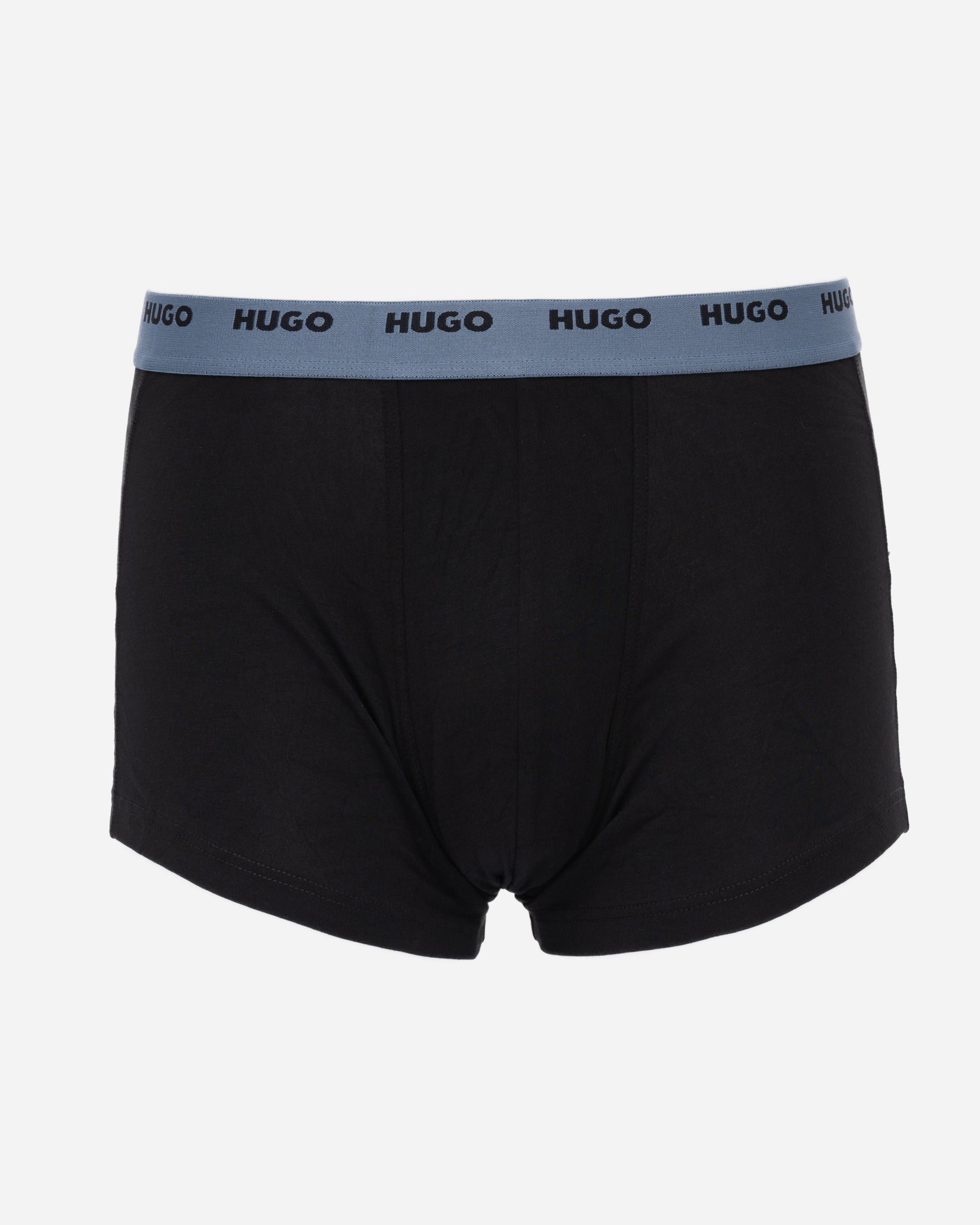 studio shot of HUGO 5-Pack Mens Stretch-Cotton Trunks with Logo Waistbands in pale blue