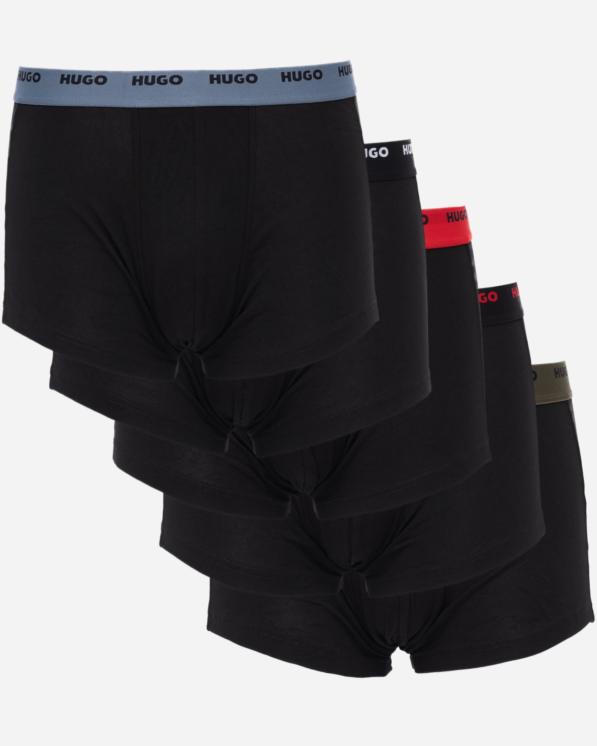 studio shot of HUGO 5-Pack Mens Stretch-Cotton Trunks with Logo Waistbands in Open Miscellaneous colourways