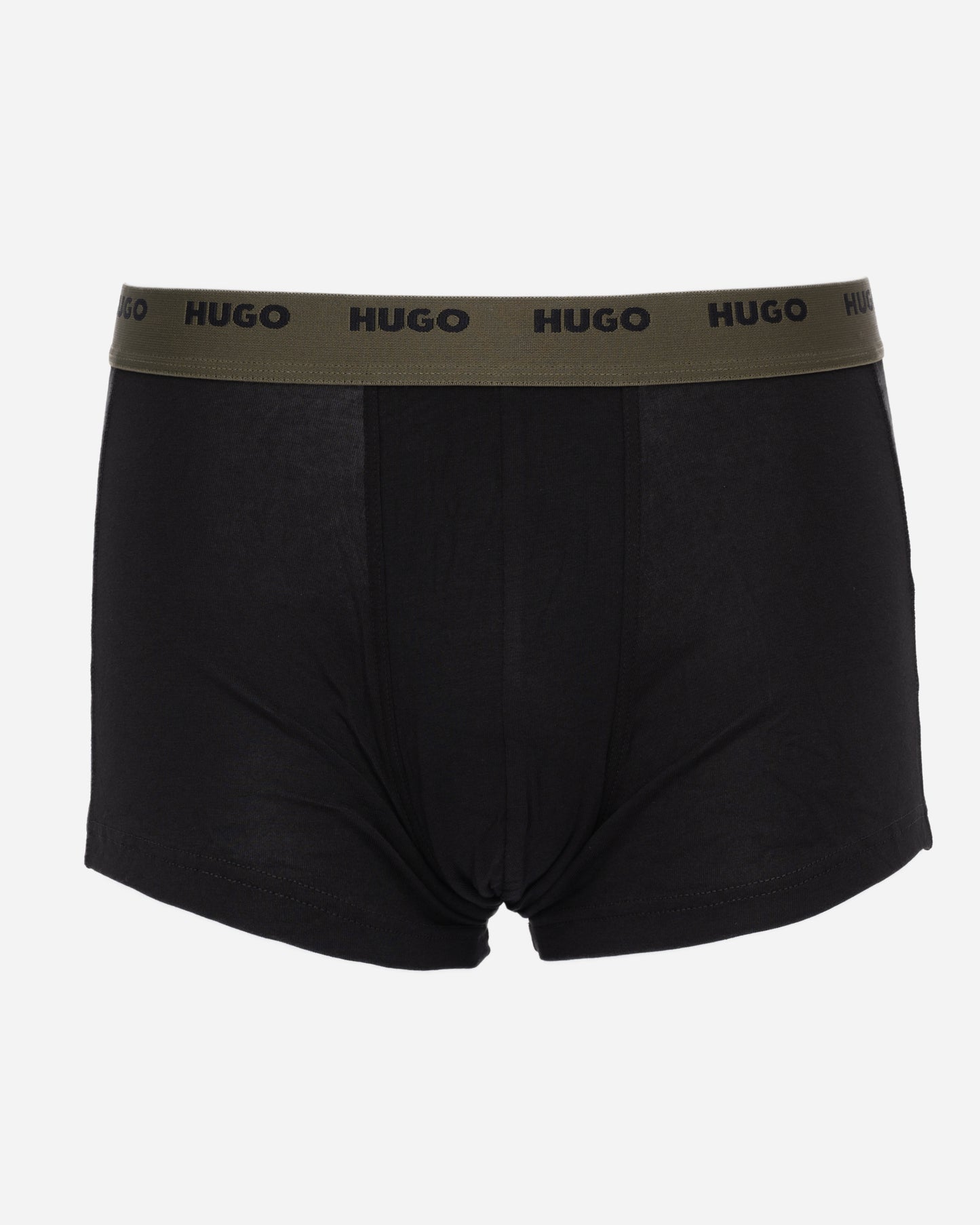 studio shot of HUGO 5-Pack Mens Stretch-Cotton Trunks with Logo Waistbands in green and black