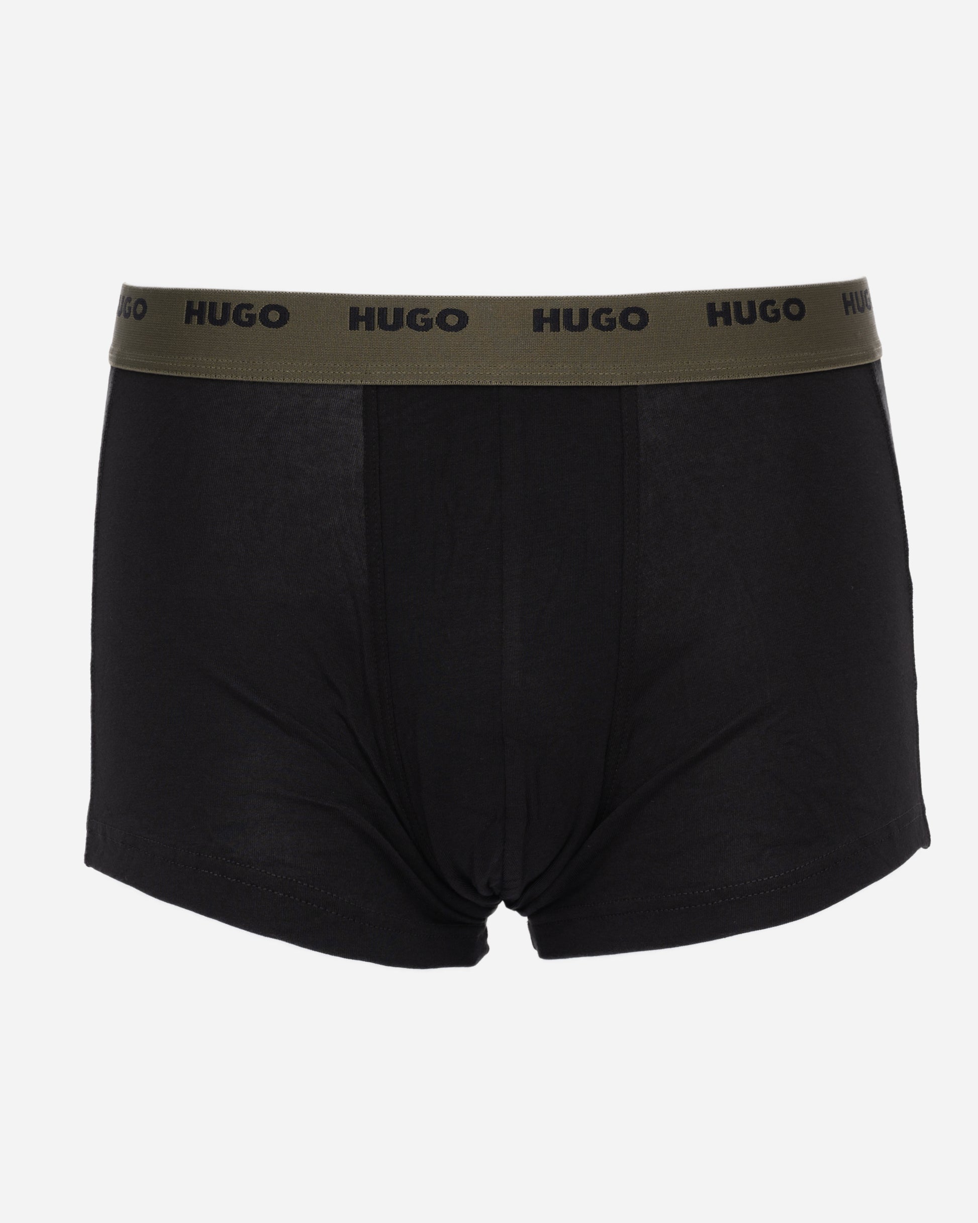 studio shot of HUGO 5-Pack Mens Stretch-Cotton Trunks with Logo Waistbands in green and black