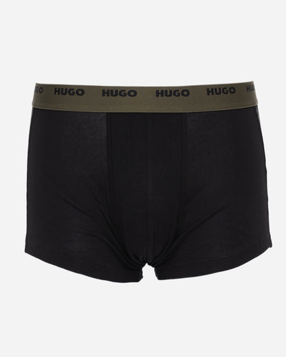studio shot of HUGO 5-Pack Mens Stretch-Cotton Trunks with Logo Waistbands in green and black