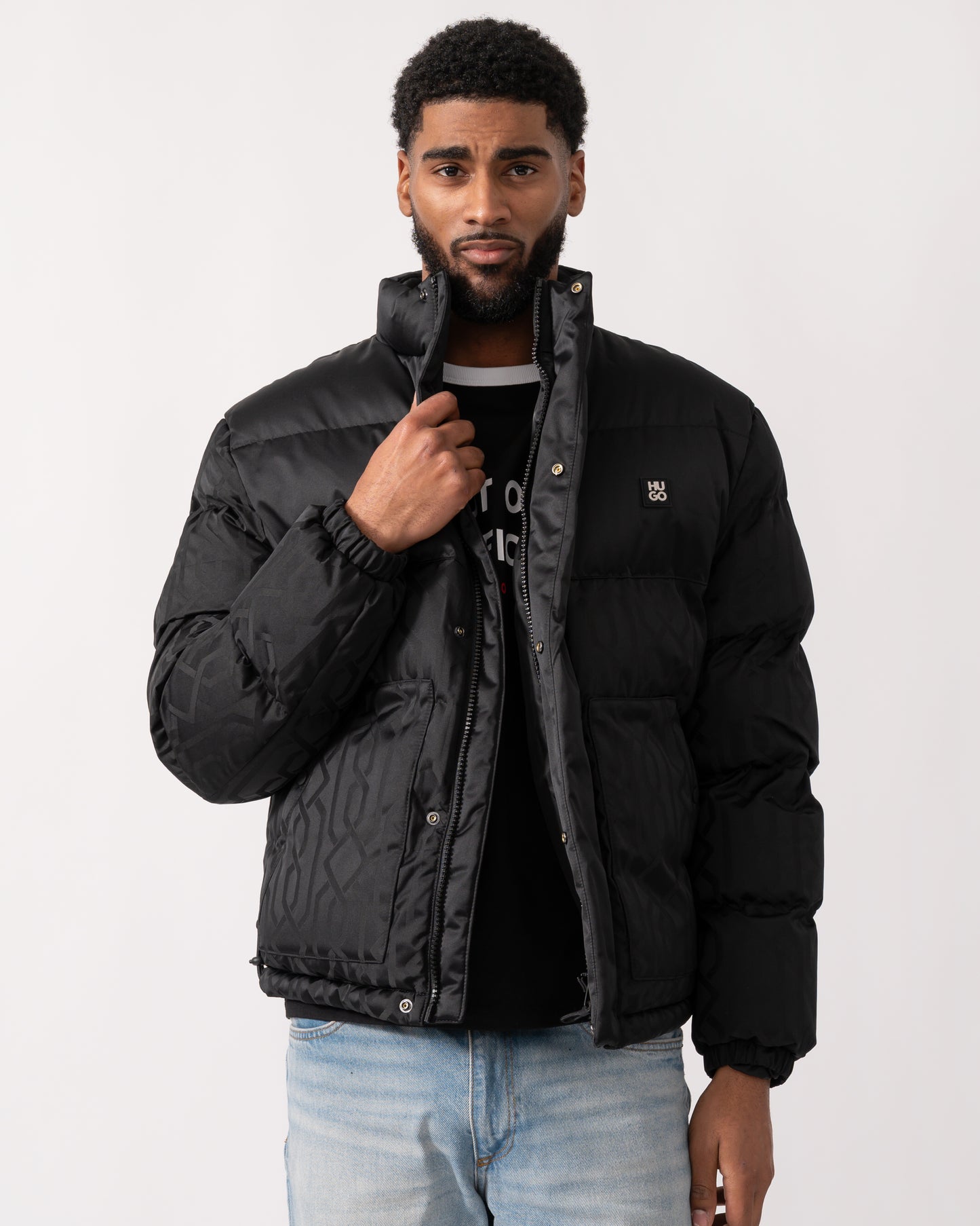mid shot of a model wearing a HUGO Balto2541 Mens Jacket in Black
