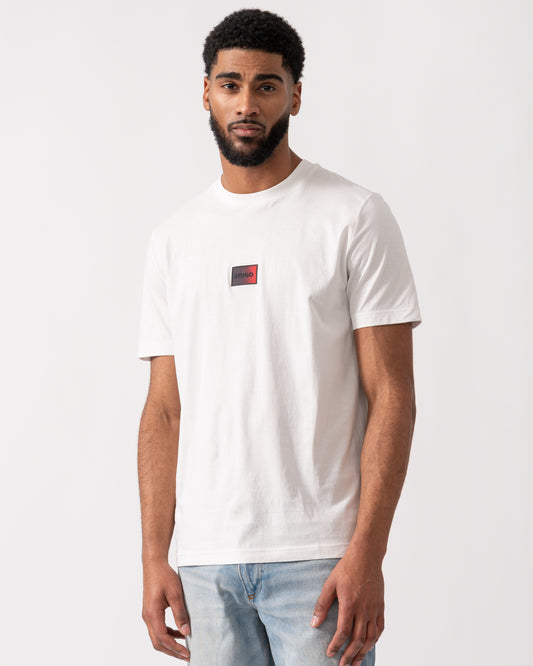 model wearing a HUGO Danotie Mens Red Label Logo T-Shirt in natural white