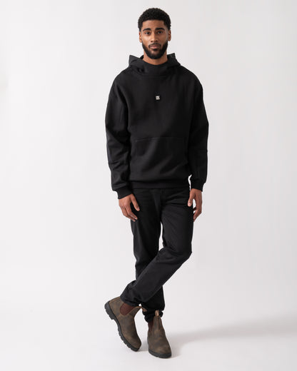 full length shot of a model wearing a HUGO Danovohood Mens Hoodie in Black
