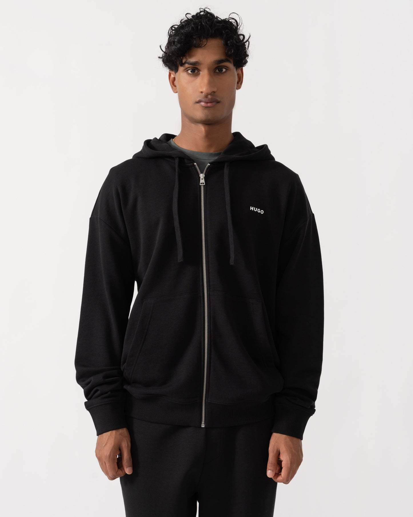 Front of HUGO Dapozip Mens Cotton-terry zip-up hoodie with logo print - Black 001