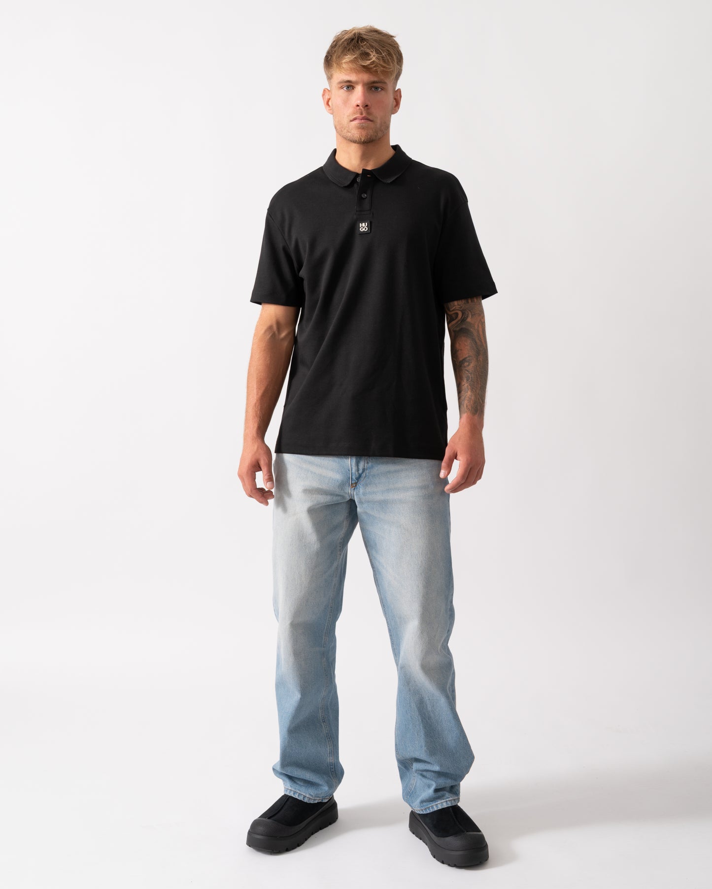HUGO Deabono Mens Interlock Cotton Polo Shirt with Stacked Logo - Black 002
