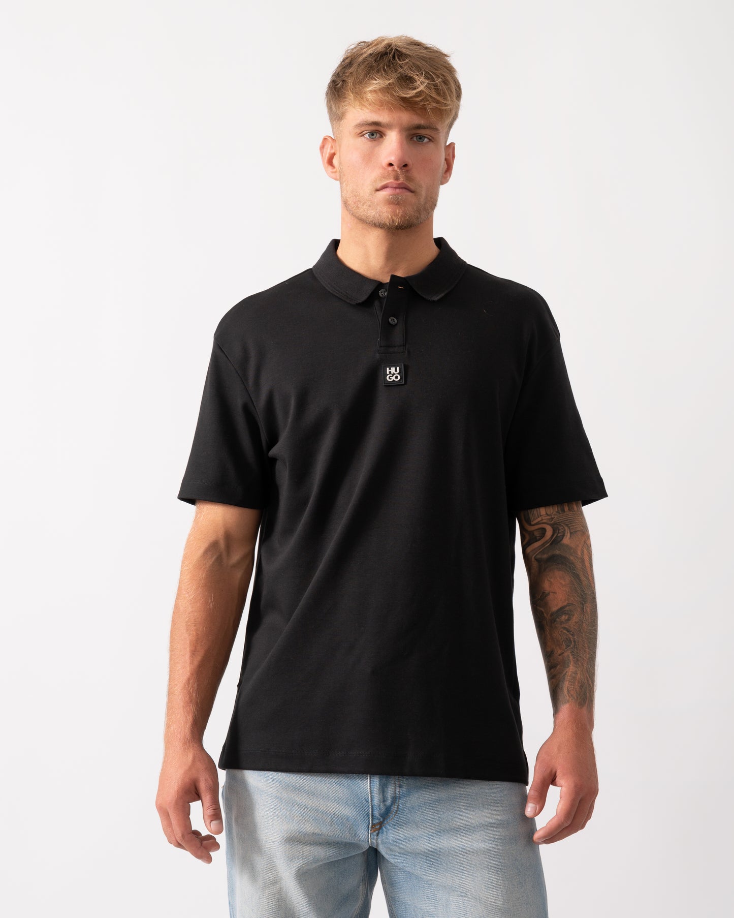 HUGO Deabono Mens Interlock Cotton Polo Shirt with Stacked Logo in Black