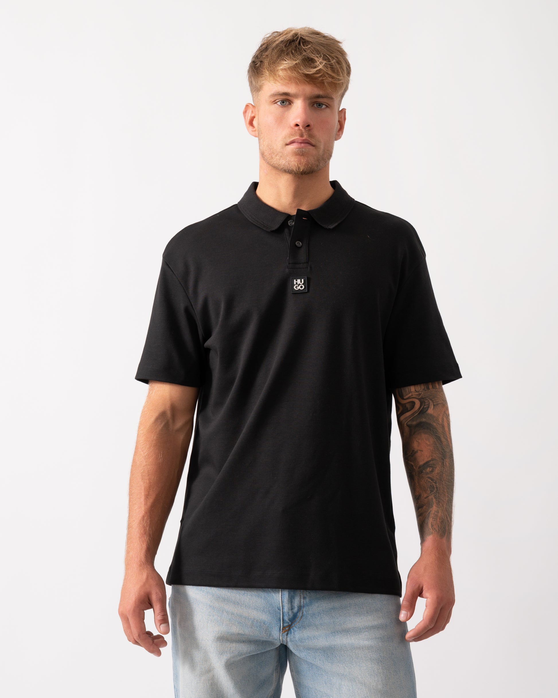 HUGO Deabono Mens Interlock Cotton Polo Shirt with Stacked Logo in Black