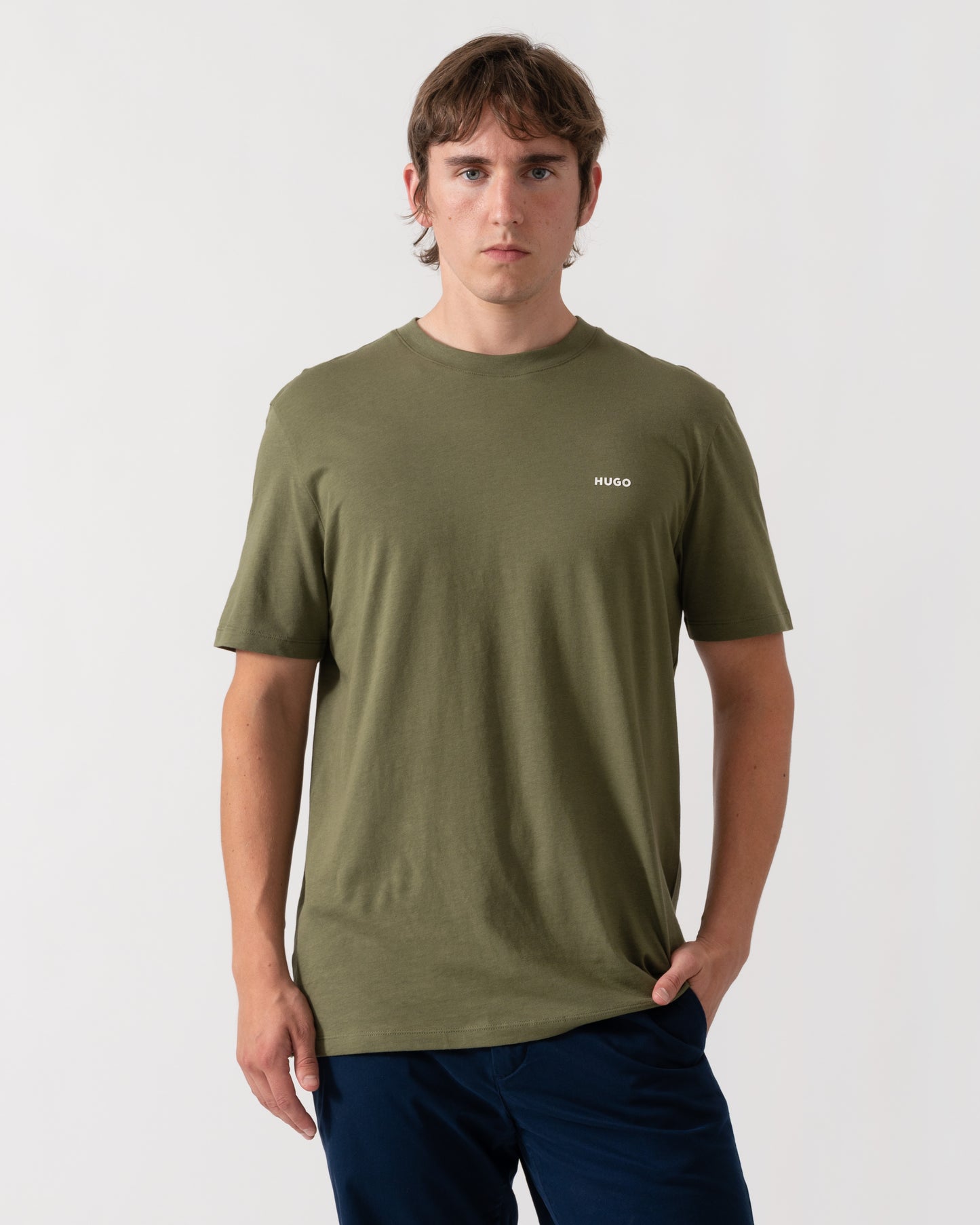 HUGO Dero222 Mens Cotton-Jersey T-Shirt with Logo Print - Open Green 388