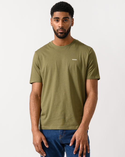 model wearing a HUGO Dero222 Mens Cotton-Jersey T-Shirt with Logo Print in Open Green