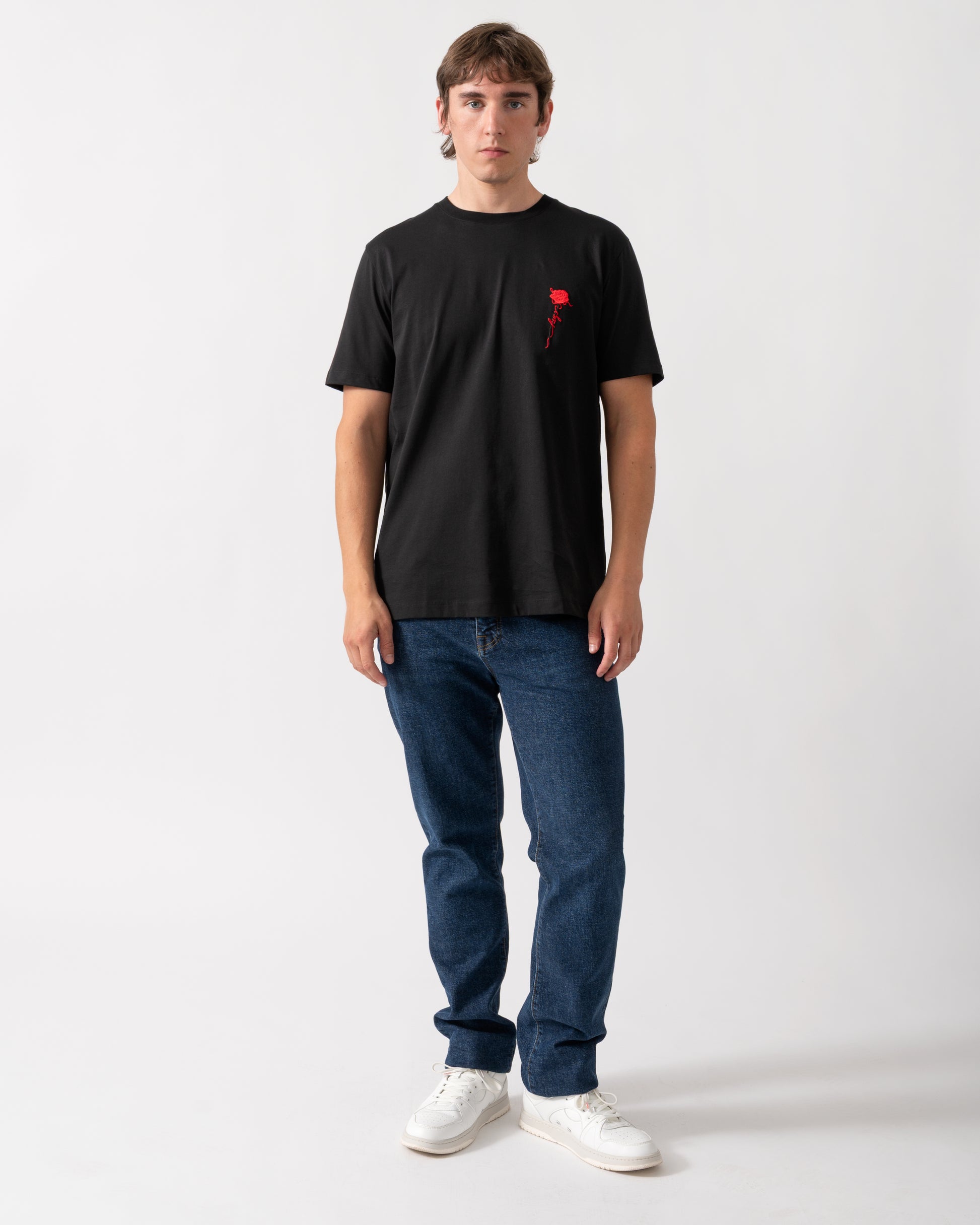 full length model wearing a HUGO Diflow Mens T-Shirt in Black 001