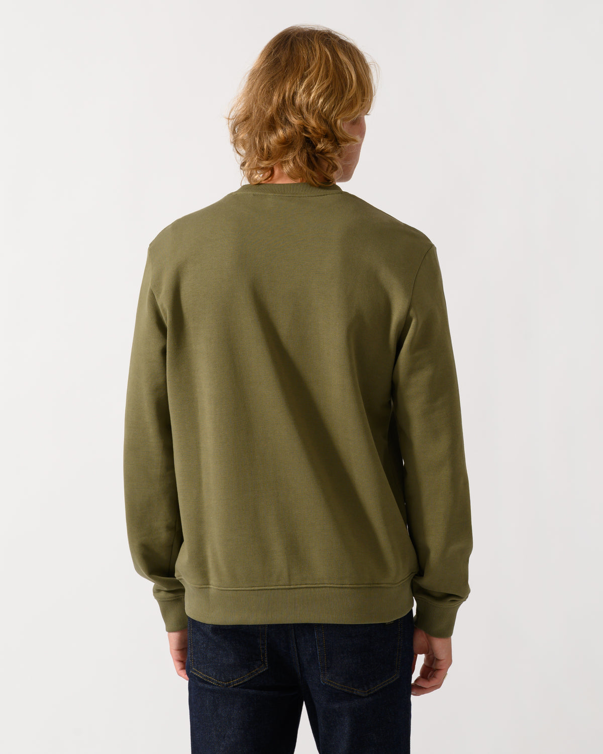 back of model wearing a HUGO Diragol212 Label Logo Mens Sweatshirt in Open Green 389