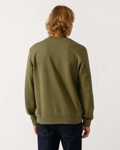 back of model wearing a HUGO Diragol212 Label Logo Mens Sweatshirt in Open Green 389