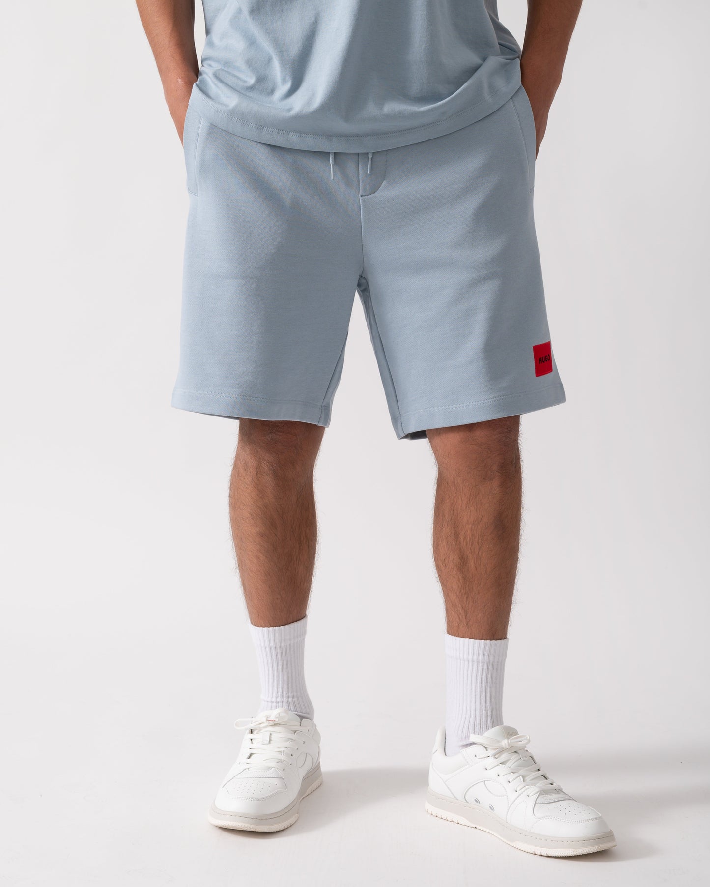 HUGO Diz222 Mens Cotton Terry Shorts with Logo Label - Open Blue 483