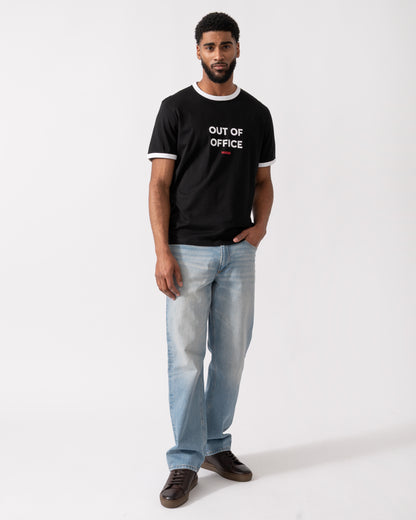 full length of a model wearing a HUGO Doffice Mens T-Shirt in Black