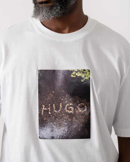 detail shot of a model wearing a HUGO Doreston Mens Graphic T-Shirt in White