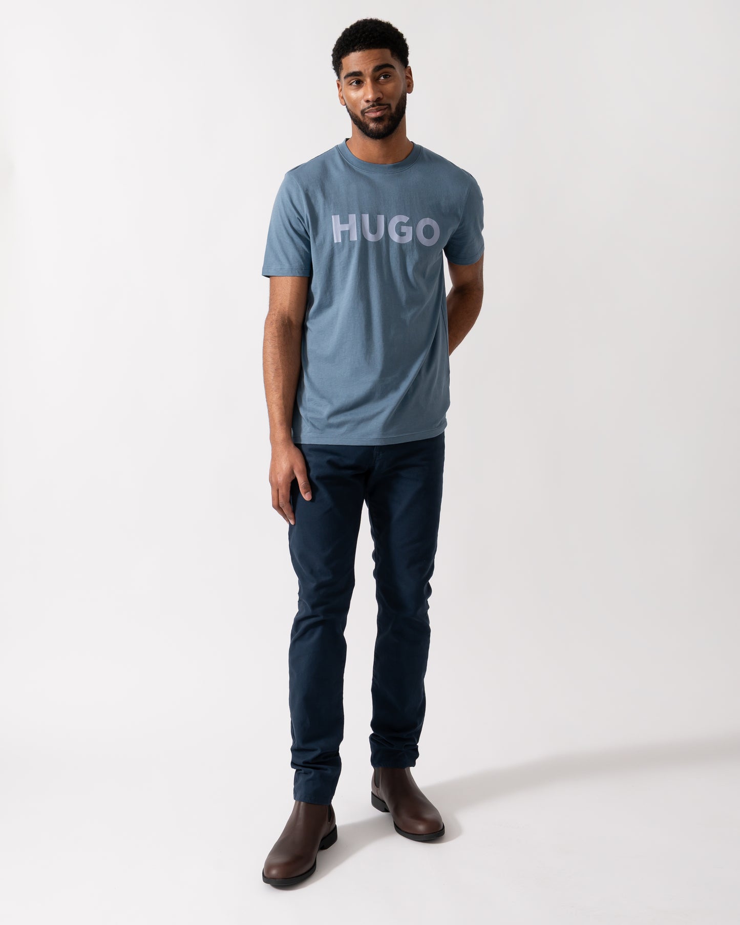 Full length shot of a Model wearing a HUGO Dulivio Mens T-Shirt in Open Blue