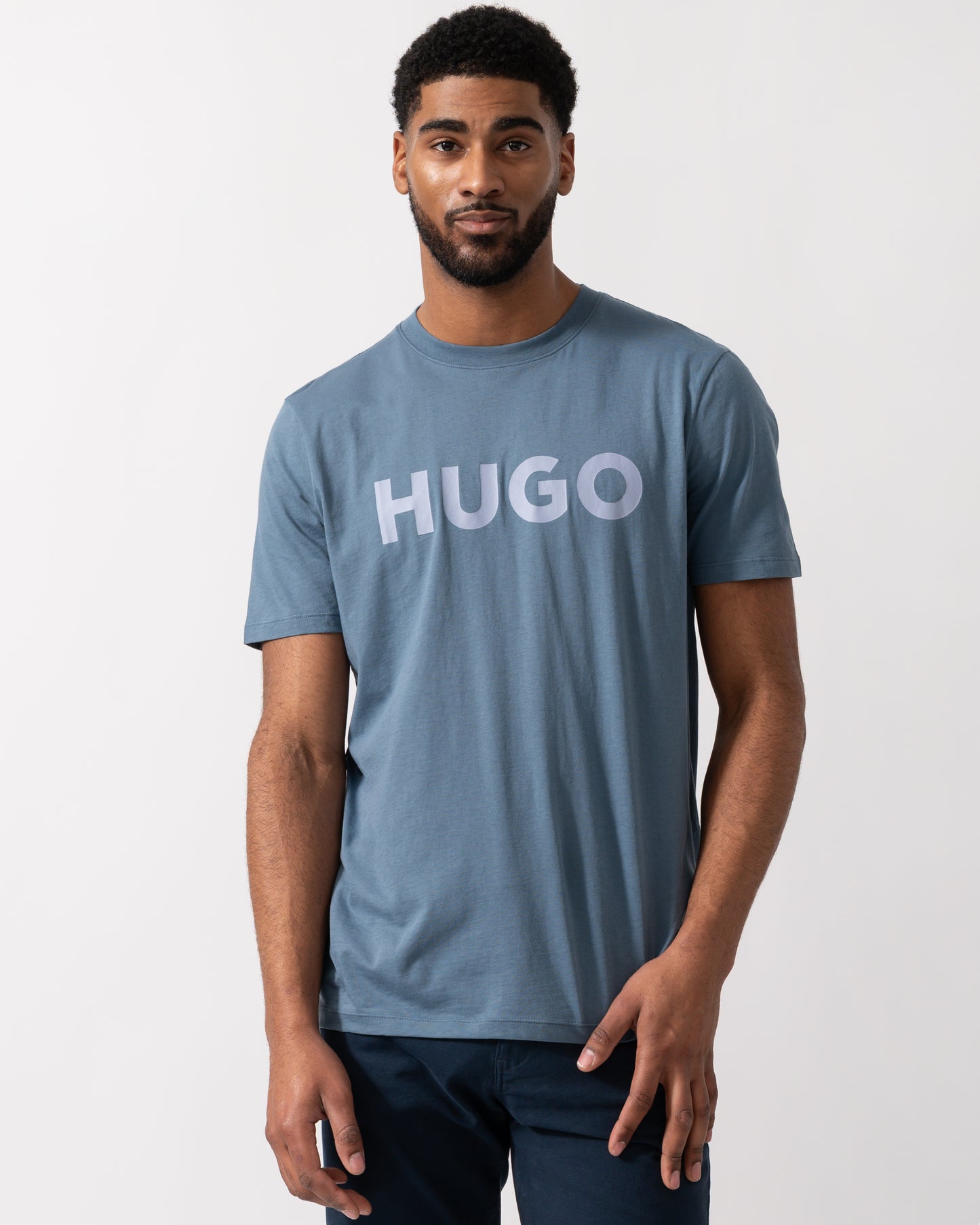 Model wearing a HUGO Dulivio Mens T-Shirt in Open Blue