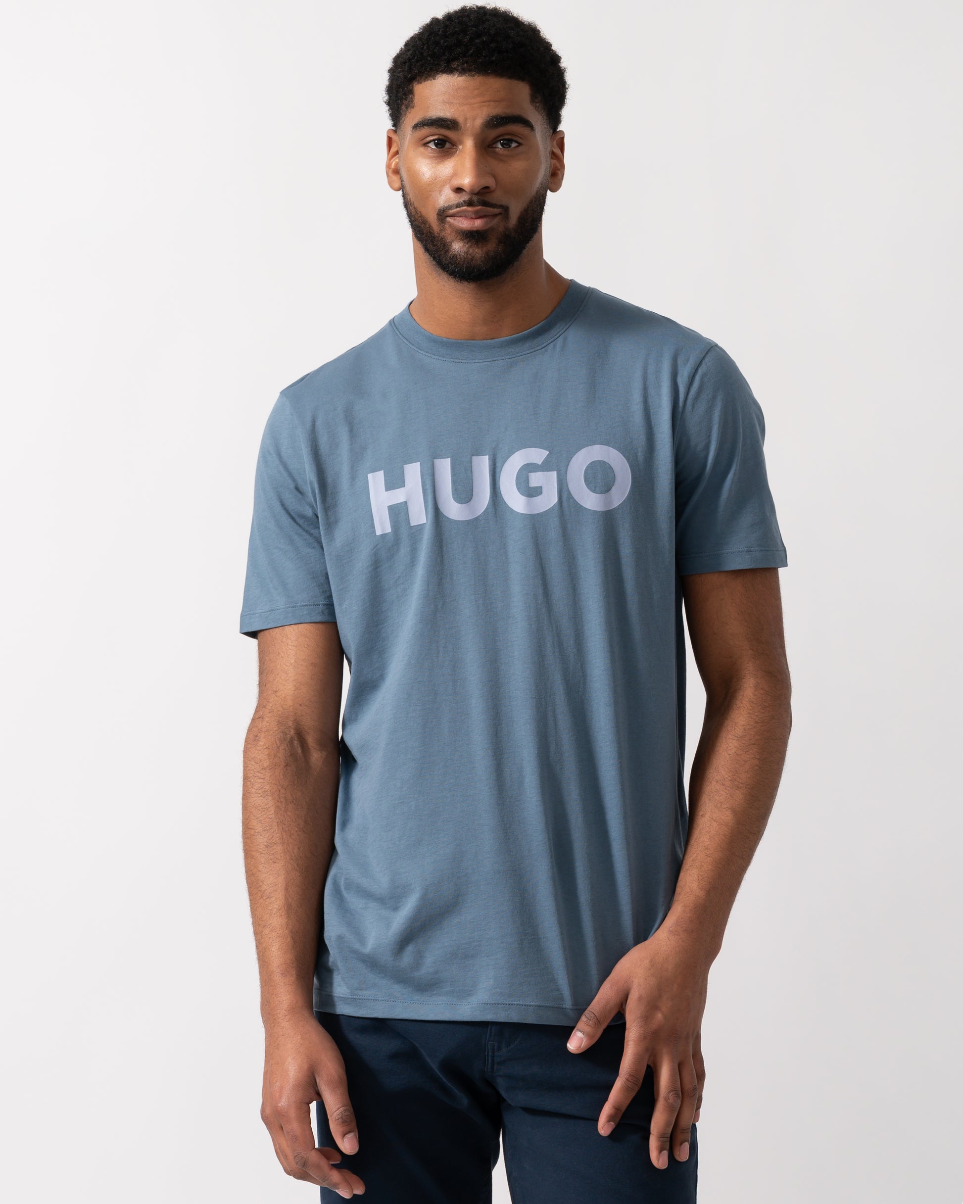 Model wearing a HUGO Dulivio Mens T-Shirt in Open Blue