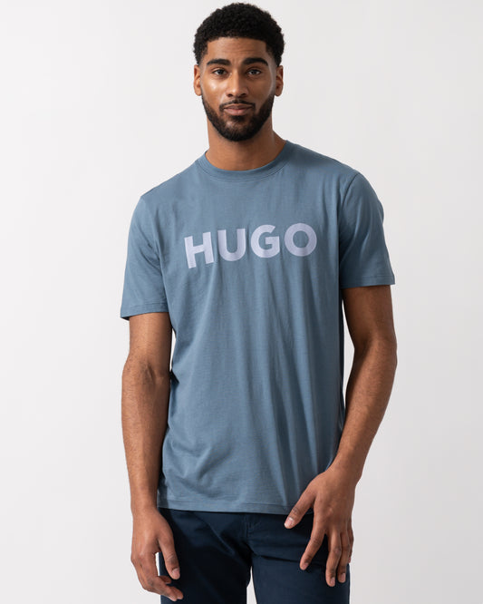 Model wearing a HUGO Dulivio Mens T-Shirt in Open Blue
