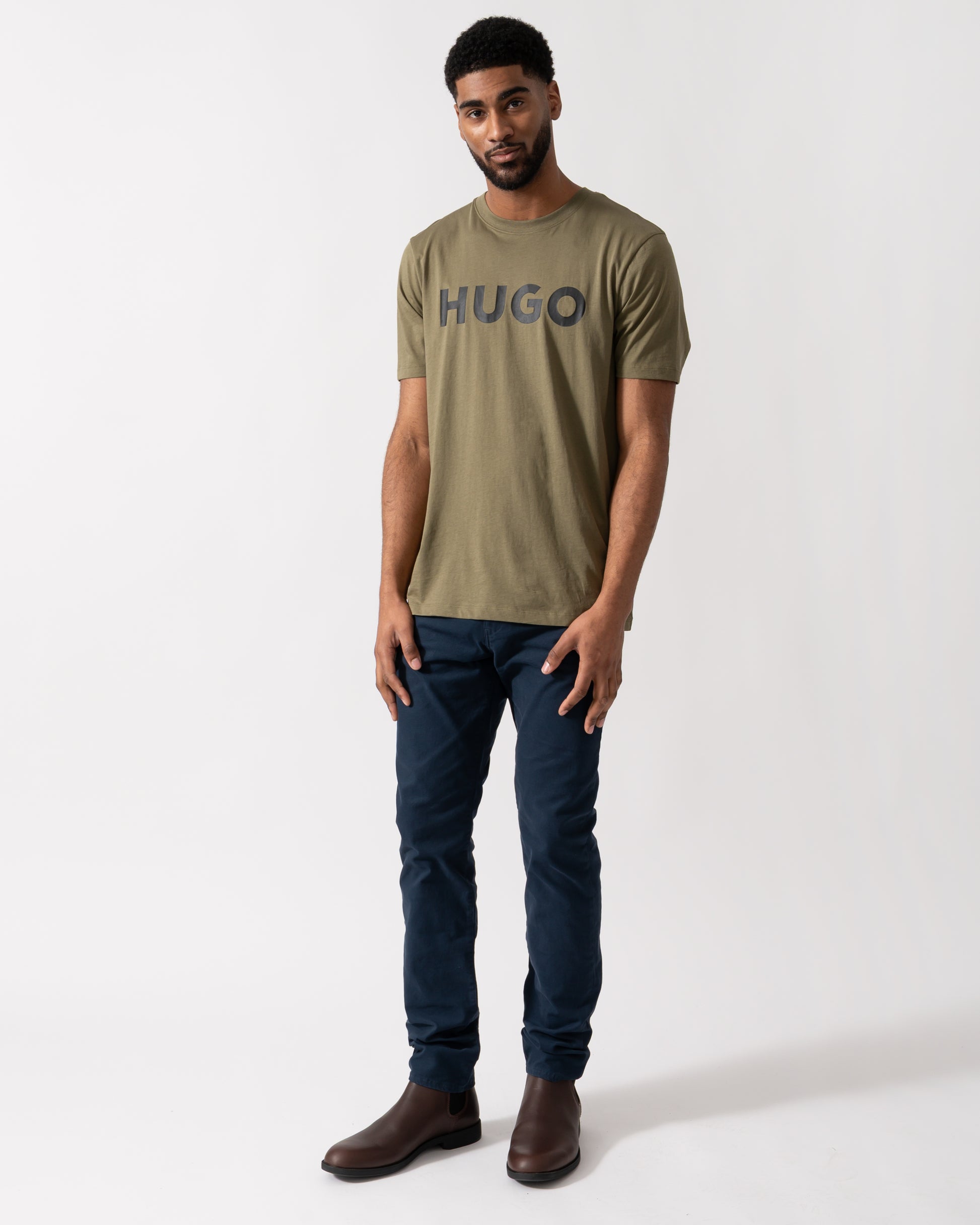 Full length shot of a Model wearing a HUGO Dulivio Mens T-Shirt in Open Green