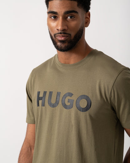 detail shot of a Model wearing a HUGO Dulivio Mens T-Shirt in Open Green
