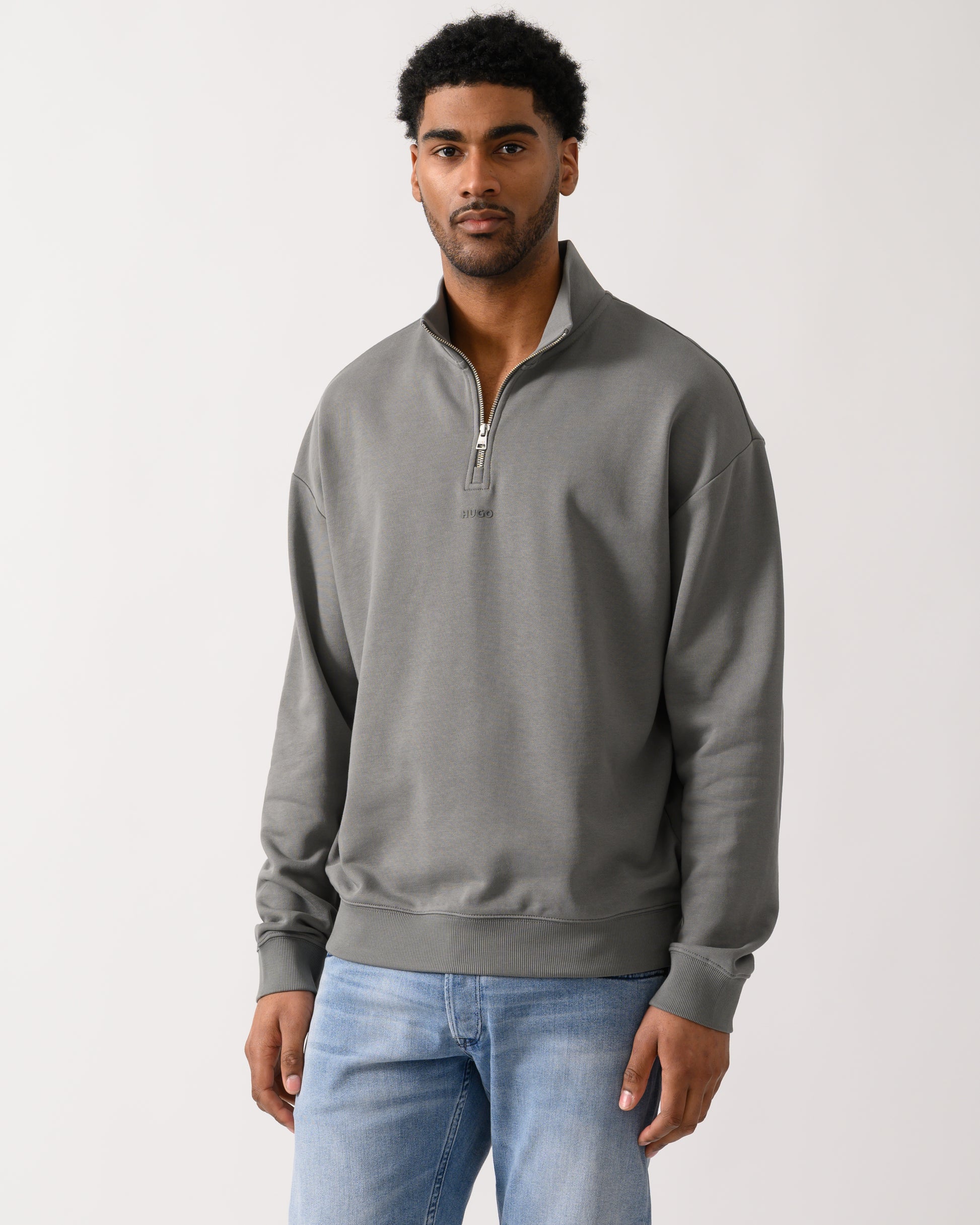 model wearing a HUGO Durty244 Mens 1/4 Zip Sweatshirt in Dark Grey 025