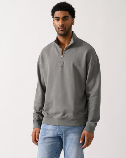 model wearing a HUGO Durty244 Mens 1/4 Zip Sweatshirt in Dark Grey 025
