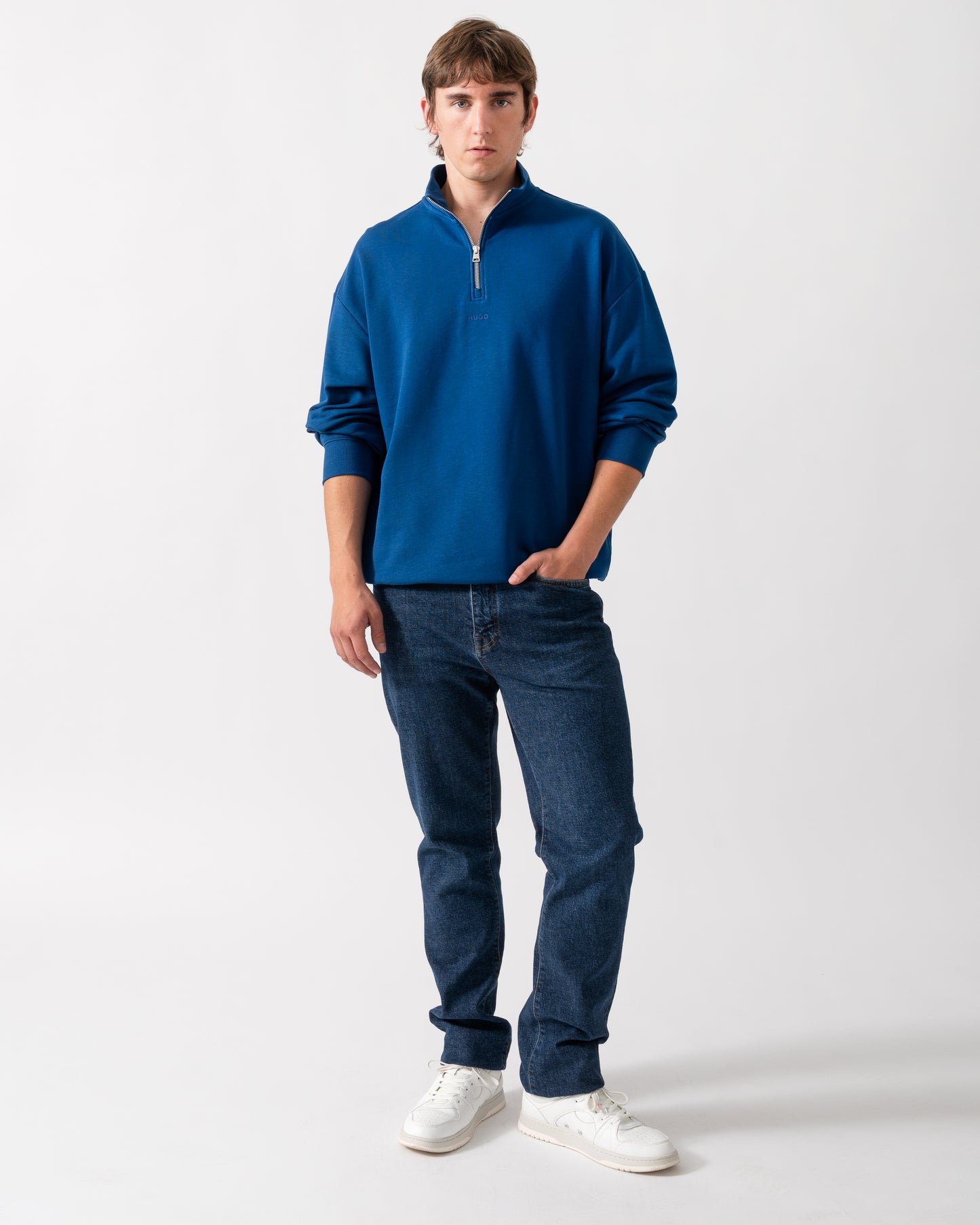 full length of a HUGO Durty244 Mens 1/4 Zip Sweatshirt in Open Blue 498