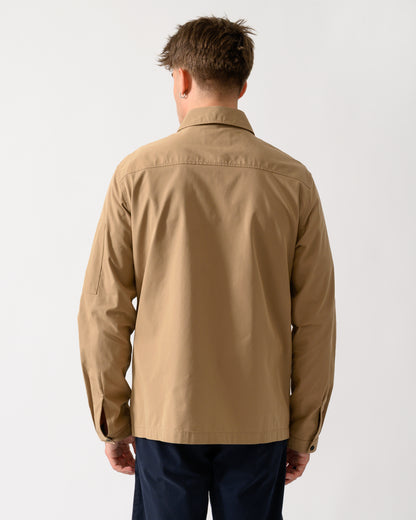 back shot of a model wearing a HUGO Emmond Mens Zip Overshirt in Beige Overflow 928