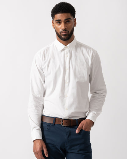 Model wearing HUGO Ermo Mens Slim-Fit Shirt in Stretch-Cotton Canvas in Open White