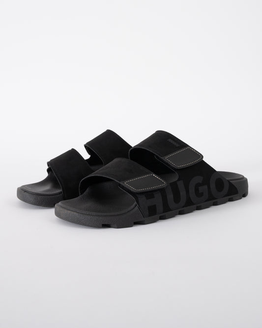 studio shot of HUGO Evander Mens Faux-Suede lides with Logo Detailing in Black