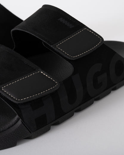 close up shot of HUGO Evander Mens Faux-Suede lides with Logo Detailing in Black