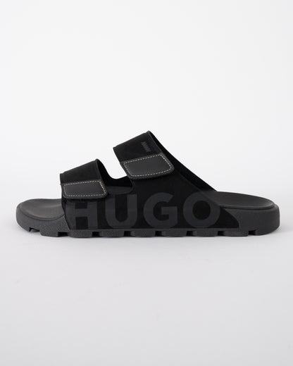 side shot of HUGO Evander Mens Faux-Suede lides with Logo Detailing in Black