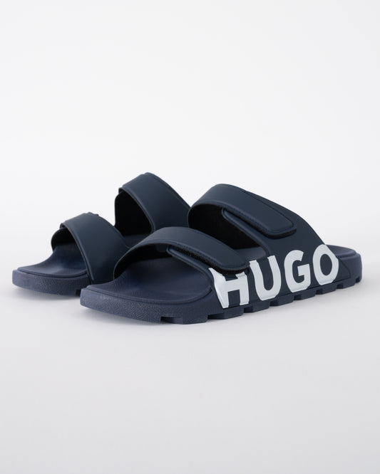 Studio shot of HUGO Evander Mens Logo Sandals with Double Touch-Closure Straps in Dark Blue
