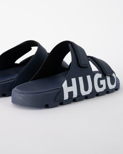 logo detail shot of HUGO Evander Mens Logo Sandals with Double Touch-Closure Straps in Dark Blue