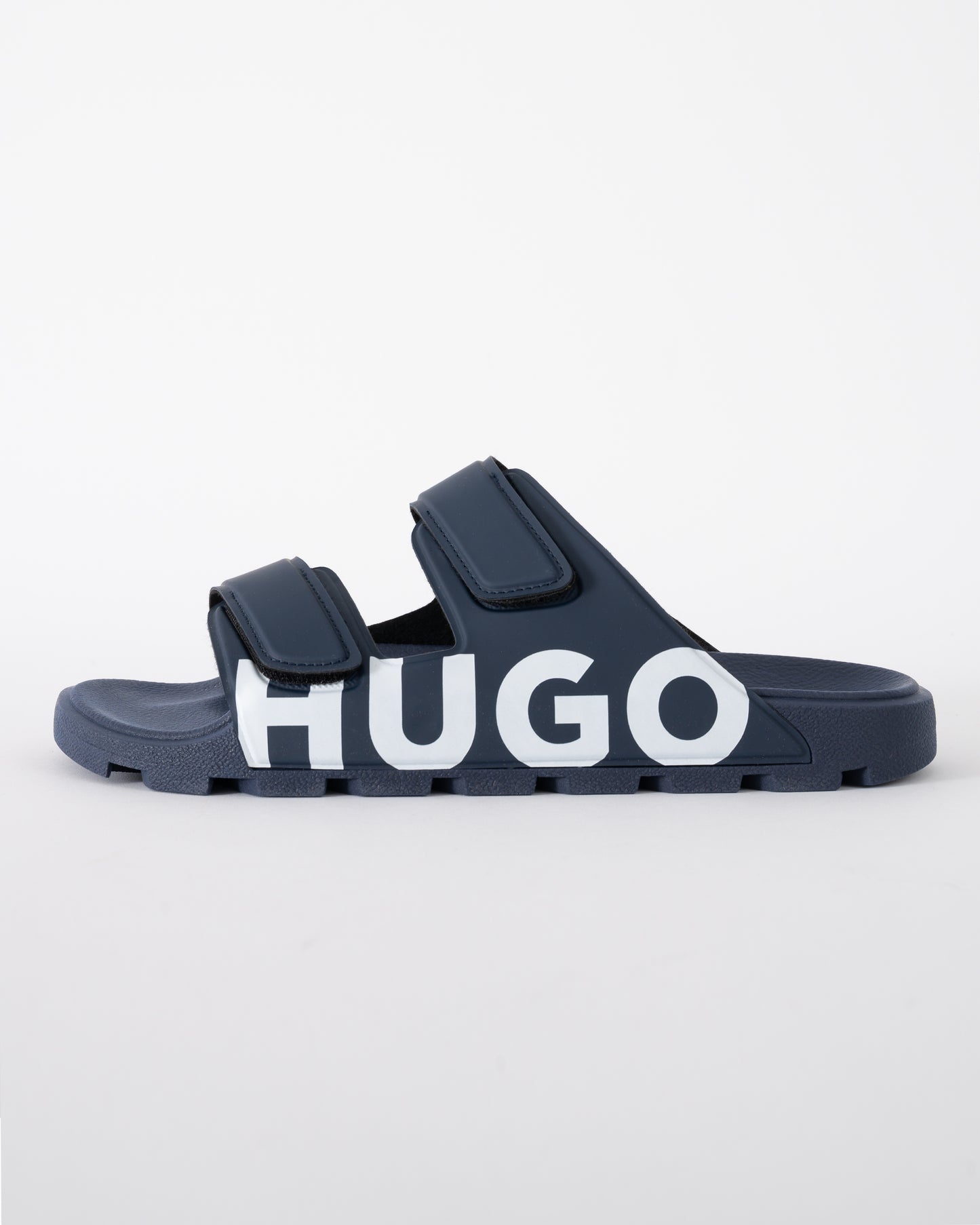 side shot of HUGO Evander Mens Logo Sandals with Double Touch-Closure Straps in Dark Blue